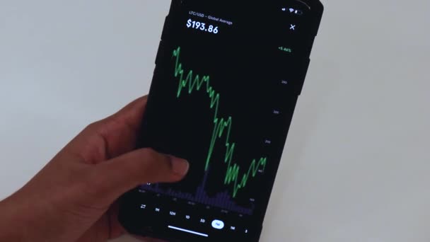 Woman Looking Ltc Week Chart Black Smartphone — Wideo stockowe