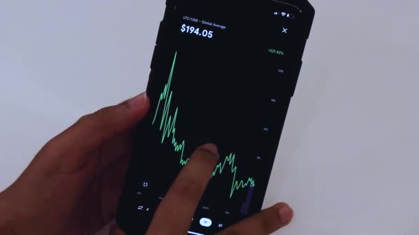 Woman Looking Ltc Charts Cellphone — Stockvideo