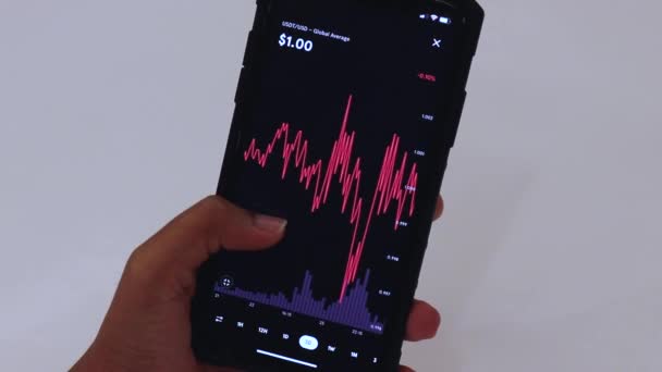 Woman Looking Usdt Days Chart Black Smartphone — Vídeos de Stock