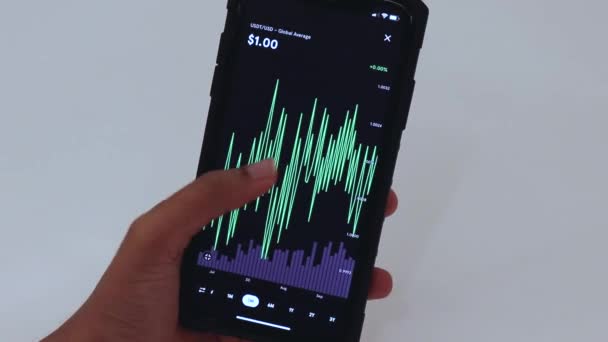 Woman Looking Usdt Months Chart Black Smartphone — Stockvideo