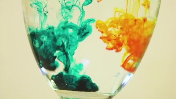 Color Dyes Being Added Wine Glass Yellow Dark Green — Stock video