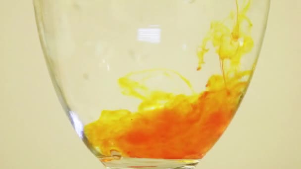 Color Dyes Being Added Wine Glass Yellow Purple — Stock video