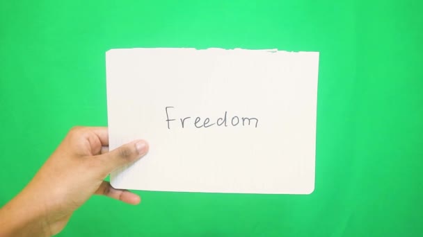 Visão Perto Pessoa Segurando Papel Com Palavras Liberdade — Vídeo de Stock
