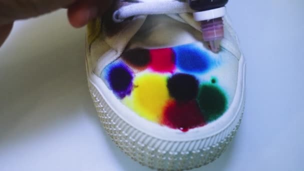 Shoe Being Painted Orange Color Dye — Stock Video