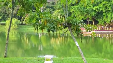 Park Area With A Lake And Asian People Walking