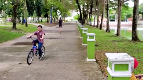 Parco Lago Con Asiatico Ragazzo Cavalcando Sua Bicicletta Percorso Piedi — Video Stock