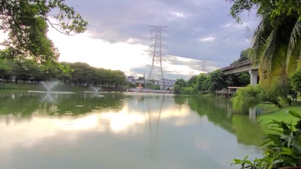 Park Lake Reflection Electric Pole Sky — Vídeo de Stock