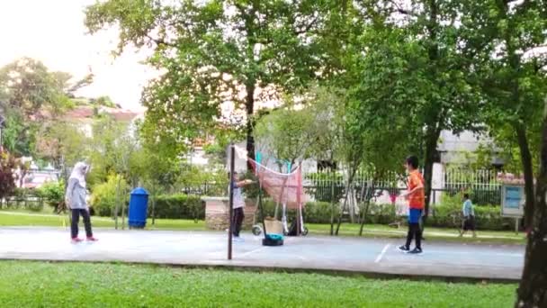 Spielplatz Park Junge Asiaten Spielen Badminton — Stockvideo