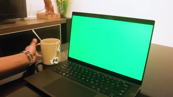 Laptop Zöld Képernyővel Rajta — Stock videók