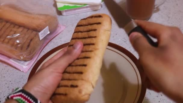 Piece Bread Being Sliced Ethnic Woman — Wideo stockowe
