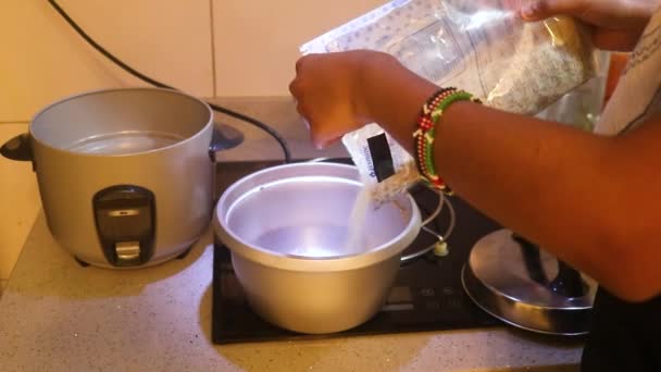 Rice Being Poured Pot Ethnic Woman — Vídeos de Stock