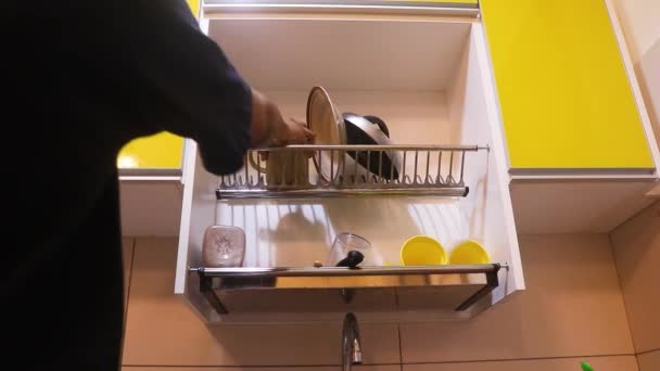 Ethnic Woman Taking Dry Dishes Rack — Stockvideo