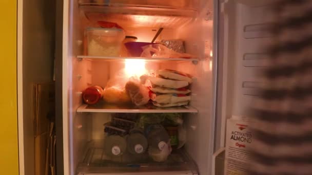 Muslim Lady Colocando Bolsas Frutas Refrigerador — Vídeos de Stock