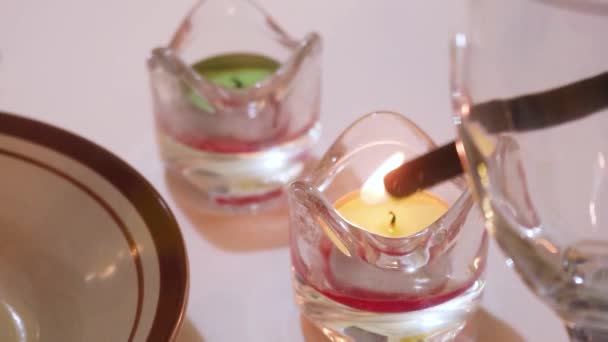 Table Getting Decorated Two Candles — Vídeo de Stock