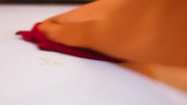 Mesa Jantar Sendo Limpo Com Pano Vermelho Closeup — Vídeo de Stock