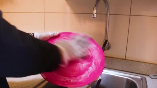 Femme Dans Gants Lavage Sale Vaisselle Maison — Video