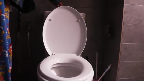 Toilet Getting Flushed Someone Gloves Front View — Stock Video