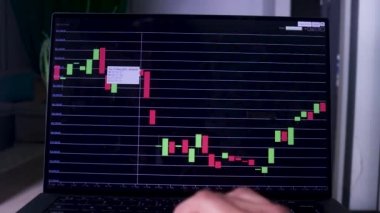 Hand Checking Six Month Timeline Of Bitcoin Stock Chart On Laptop