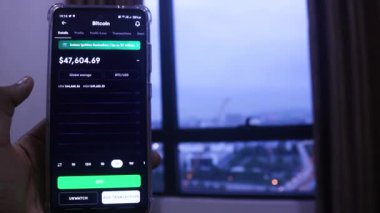 Woman With Tanned Hand Checking Bitcoin Stocks In The Evening