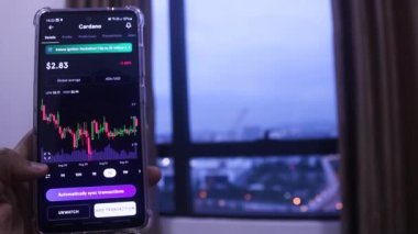 Woman With Tanned Hand Checking Cardano Stocks In The Evening