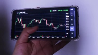 Woman's Tanned Hand Horizontally Scrolling Through Chainlink's Chart On Phone