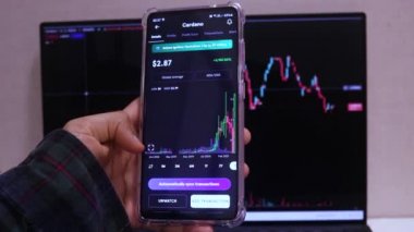 Woman's Tanned Hands Checking Cardano's Stock On Phone And Laptop