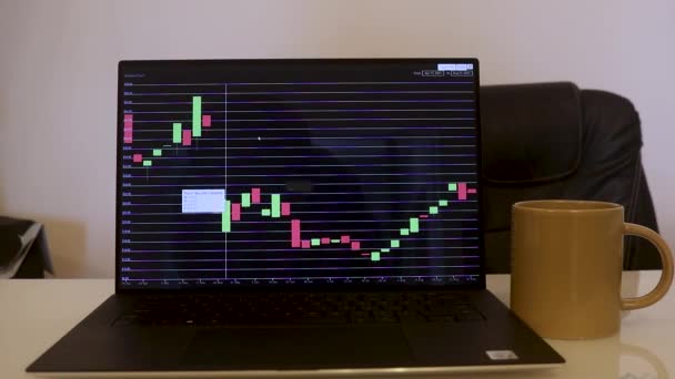 Laptop Showing Polkadot Stock Chart Next Cup Tea — Αρχείο Βίντεο