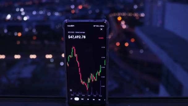 Mobile Phone Displaying Real Time Bitcoin Stock City Night View — Αρχείο Βίντεο