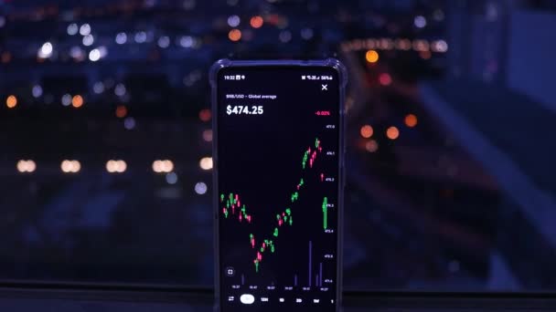 Mobile Phone Displaying Real Time Binance Stock City Night View — 비디오
