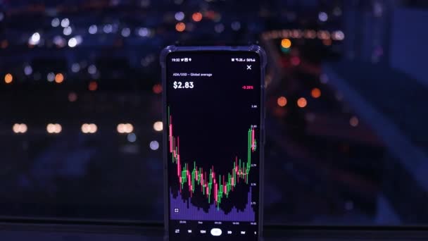 Mobile Phone Displaying Real Time Cardano Stock City Night View — Stockvideo