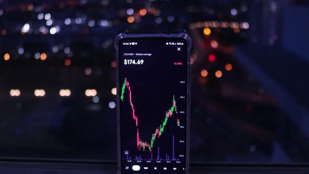 Mobile Phone Displaying Real Time Litecoin Stock City Night View — Αρχείο Βίντεο