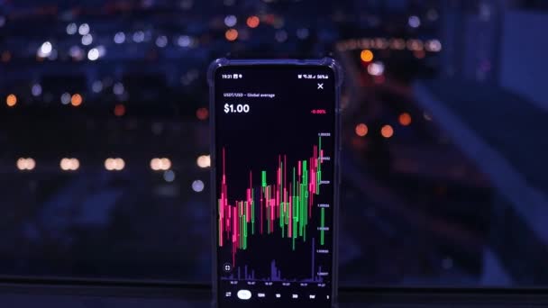 Mobile Phone Displaying Real Time Tether Stock City Night View — Stockvideo
