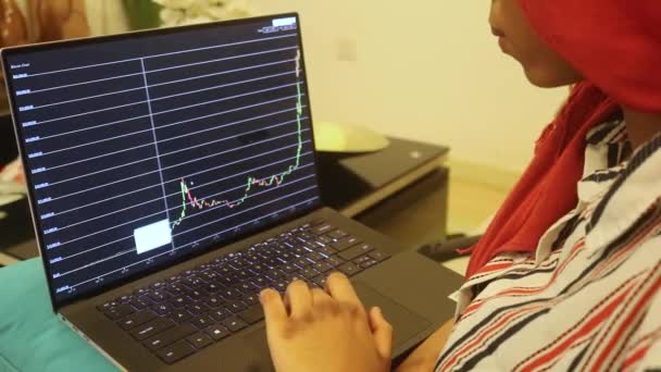 Muzułmanka Formalnej Odzieży Sprawdzanie Bitcoin Stock Chart — Wideo stockowe