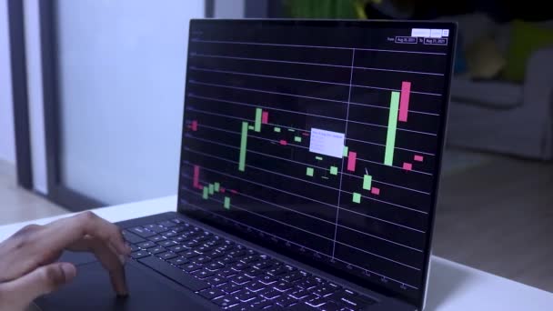Side View Tanned Hands Laptop Checking Ethereum Stocks — Stok Video