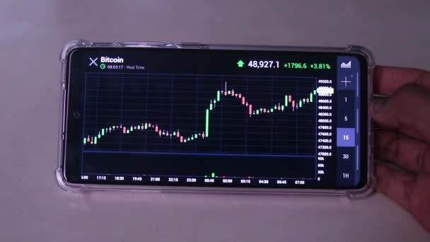 Tanned Hand Sliding Bitcoin Fifteen Minute Chart Horizontally — Video Stock