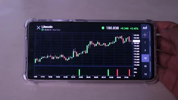 Tanned Hand Sliding Litecoin Fifteen Minute Chart Horizontally — ストック動画