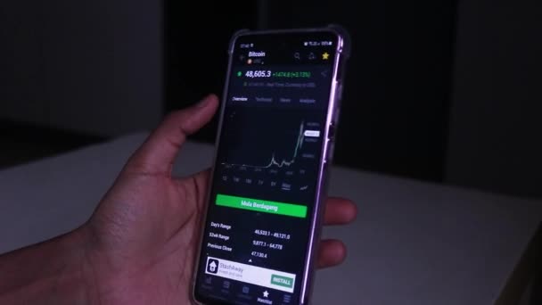 Woman Checking Bitcoin Hourly Stock Chart Mobile Phone — Stok video