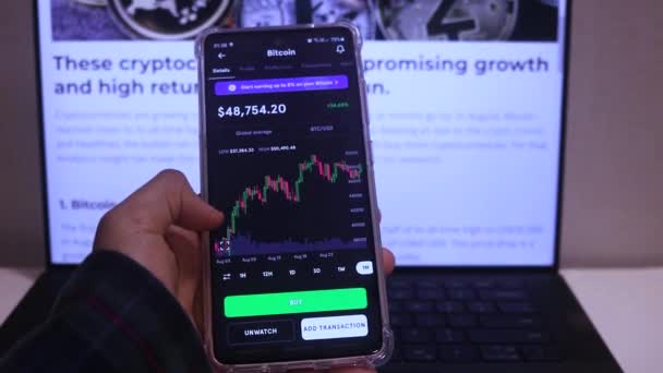 Woman Checking Bitcoin Monthly Stock Chart Mobile Phone — Wideo stockowe