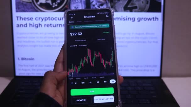 Woman Checking Chainlink Monthly Stock Chart Mobile Phone — Wideo stockowe