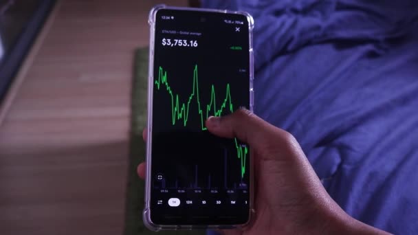 Woman Checking Ethereum Chart Wave Mode Morning — Vídeos de Stock