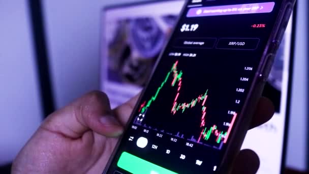 Woman Checking Real Time Updates Xrp Stocks Mobile Phone — Vídeo de Stock