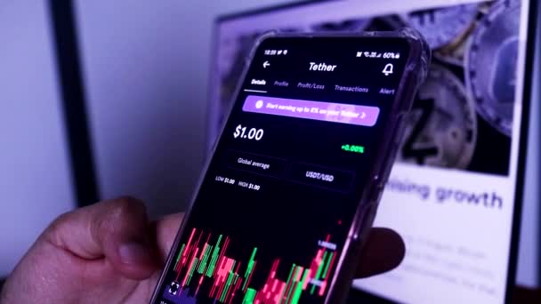 Woman Checking Real Time Updates Tether Stocks Mobile Phone — Stok Video