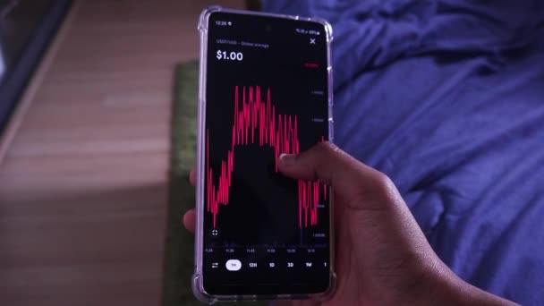Woman Checking Tether Chart Wave Mode Morning — Stockvideo