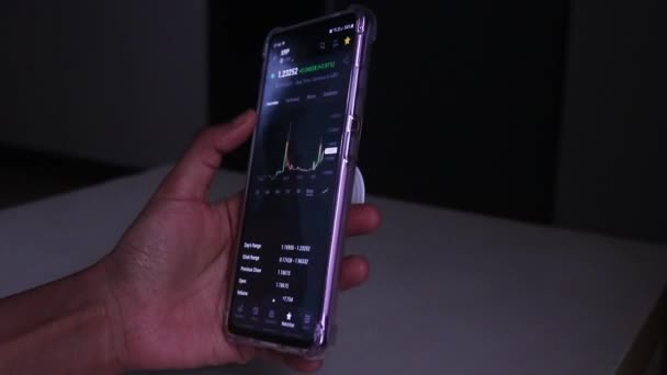 Woman Checking Xrp Hourly Stock Chart Mobile Phone — Vídeo de Stock