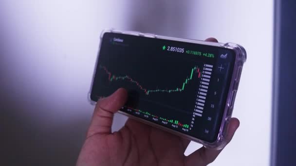 Woman Holding Phone Landscape Mode Checking Cardano Hourly Chart — Stockvideo