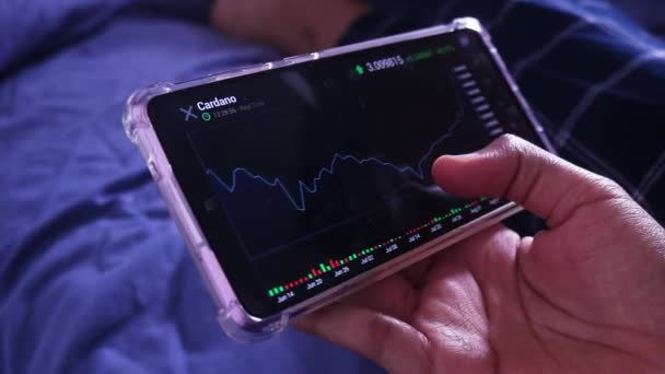 Woman Bed Checking Cardano Stock Chart Wave Mode — Stok video
