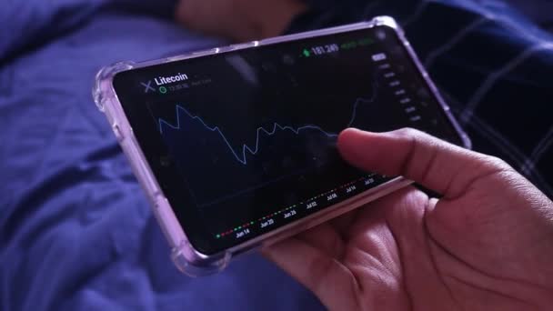 Woman Bed Checking Litecoin Stock Chart Wave Mode — стоковое видео