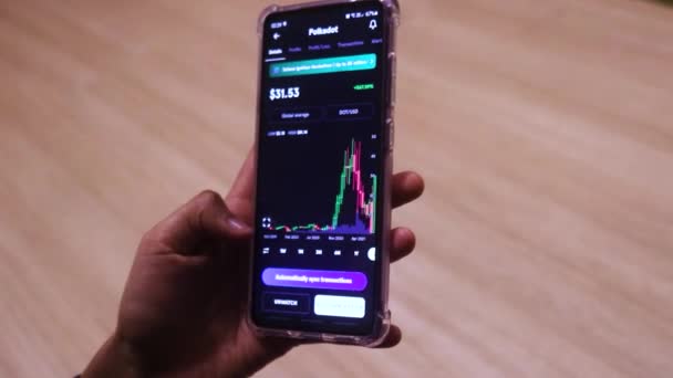 Woman Looking Polkadot Two Year Stock Chart Phone — Vídeo de Stock