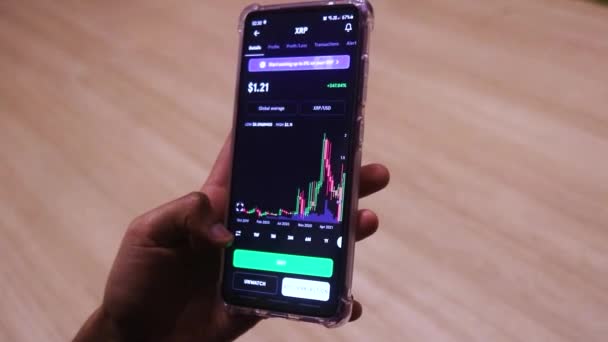 Woman Looking Litecoin Two Year Stock Chart Phone — стоковое видео