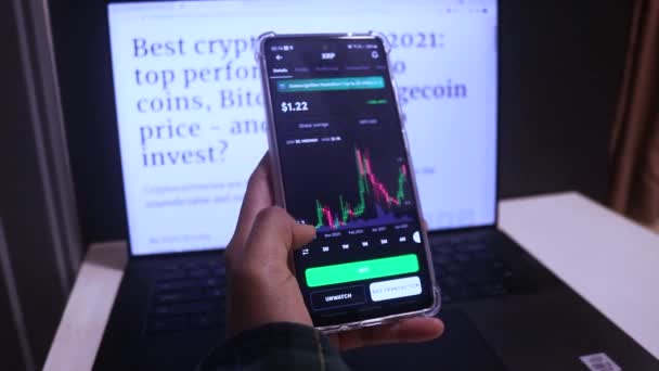 Woman Researching Xrp Yearly Stocks Phone Laptop — Wideo stockowe
